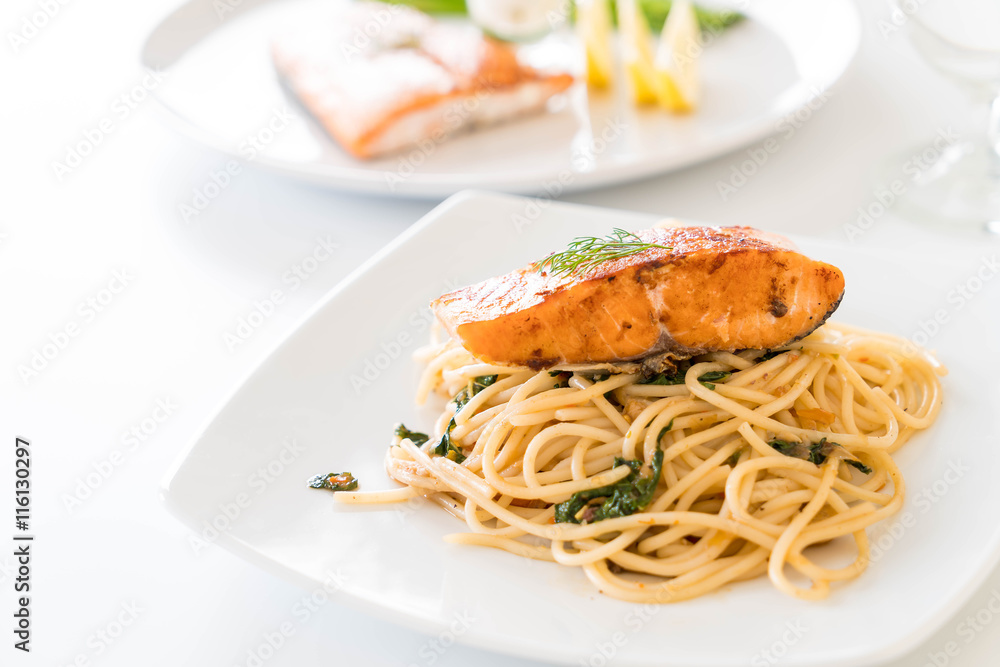 stir-fried spicy spaghetti with salmon stir-fried spicy spaghetti with salmon