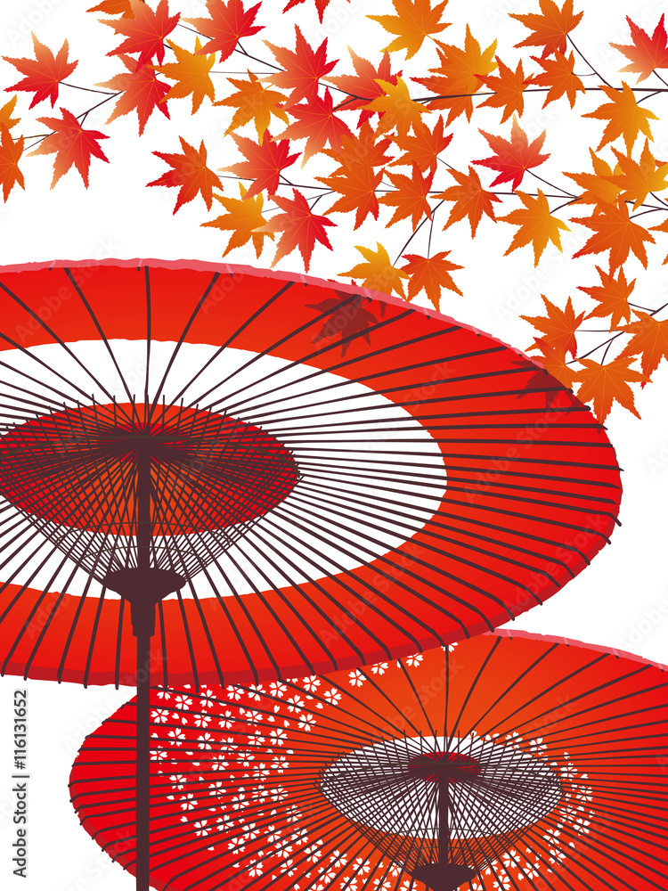 Japanese umbrella and autumn leaves 