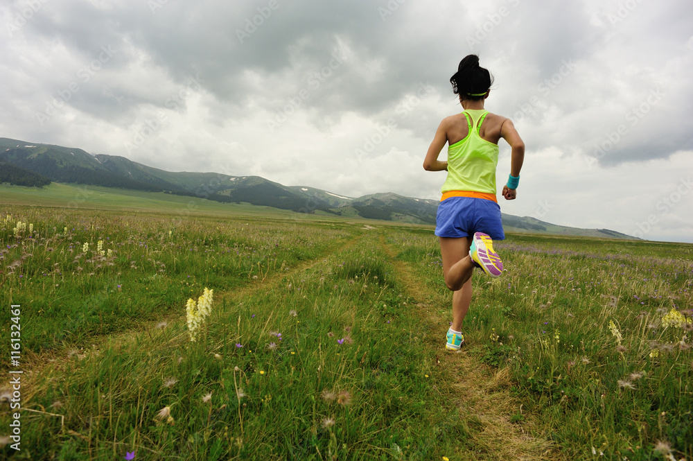 healthy young woman trail runner running on beautiful mountain trail healthy young woman trail runner running on beautiful mountain trail