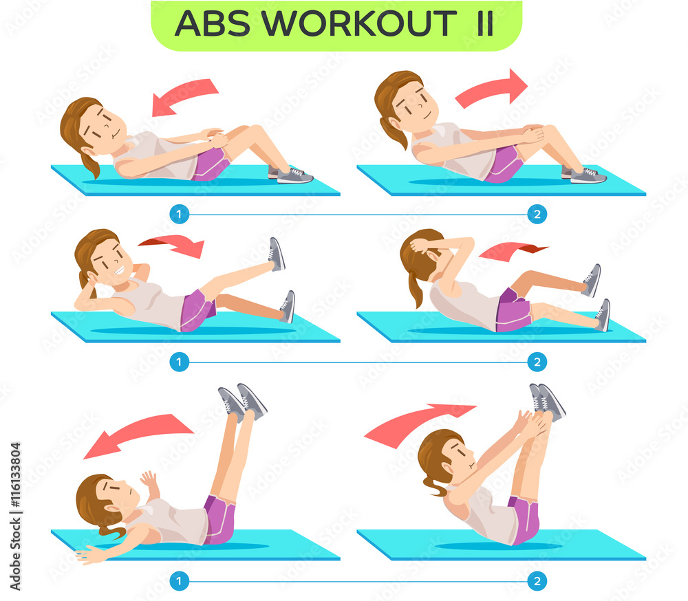 Abs Workout no.2. Six pack workout at home. Easy exercise Program. Cartoon  character of beauty women concept. Stock Vector | Adobe Stock