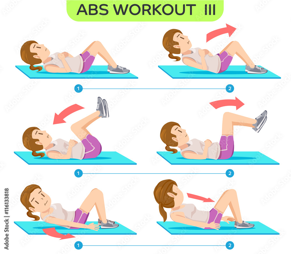 Abs Workout no.3. Six pack workout at home. Easy exercise Program. Cartoon  character of beauty women concept. Stock Vector