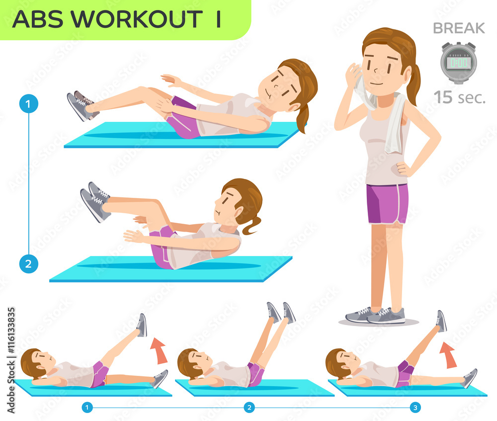 Abs Workout no.1. Six pack workout at home. Easy exercise Program. Cartoon  character of beauty women concept. Stock Vector