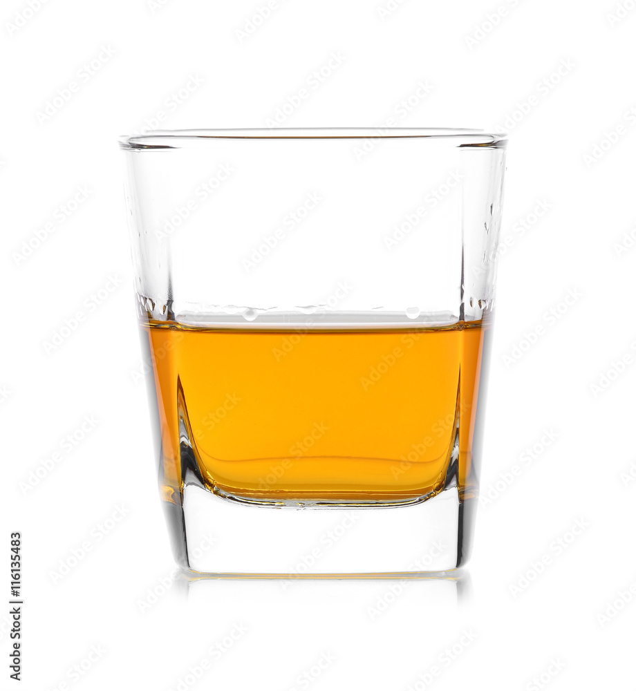 Glass of scotch whiskey on a white background Glass of scotch whiskey on a white background