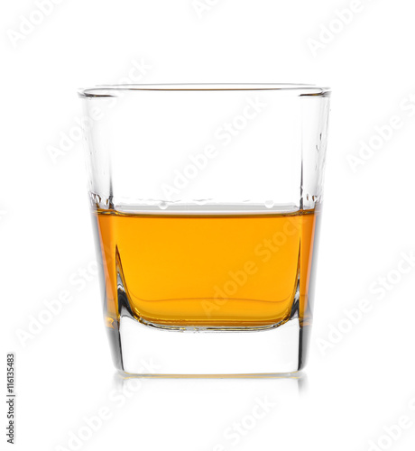 Glass of scotch whiskey on a white background