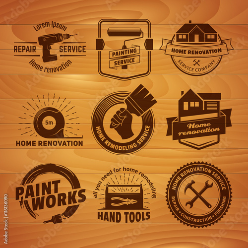 House remodeling logos. Vector labels for home renovation services. Set of vintage badges with hand tools and equipment on a wooden background
