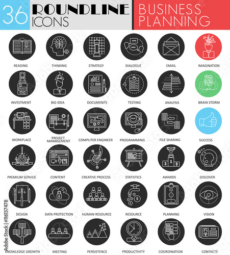 Vector business project planning circle white black icon set. Modern line black icon design for web.