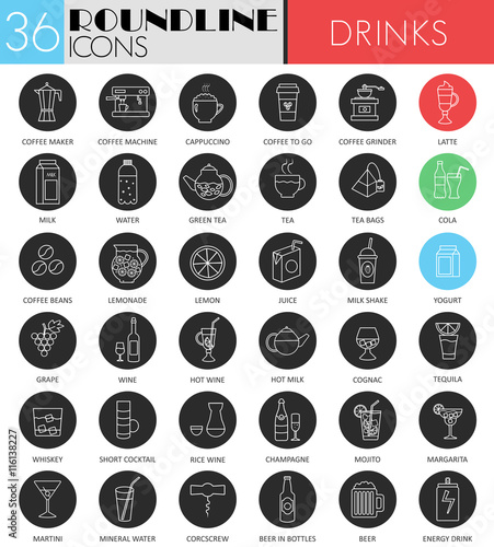 Vector Drink circle white black icon set. Tea, Alcohol, Juice, coffee drinks modern line black icon design for web.