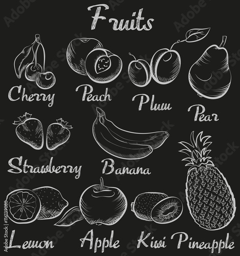Vintage fruits. Hand-drawn chalk blackboard sketch organic fruit collection.