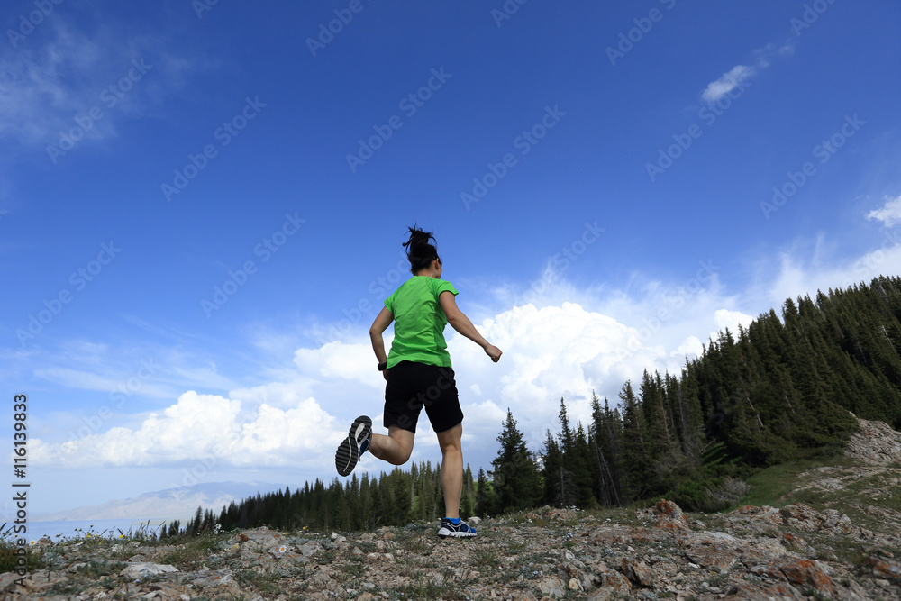 healthy young woman trail runner running on beautiful mountain peak healthy young woman trail runner running on beautiful mountain peak