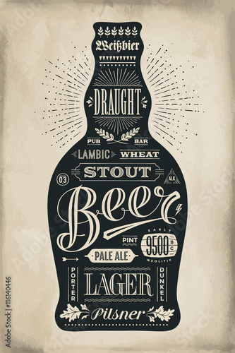 Poster bottle of beer with hand drawn lettering. Monochrome vintage drawing for bar menu, t-shirt print and beer themes. Isolated black bottle of beer wih lettering. Vector Illustration