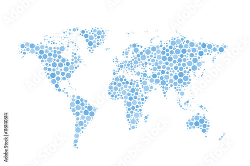 World Map made up from blue circles different sizes isolated on white
