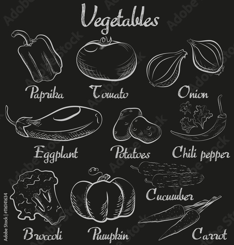 Vintage vegetables. Hand-drawn chalk blackboard sketch organic vegetables collection.
