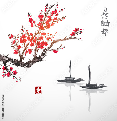Oriental sakura cherry tree in blossom and two fishing boats in water. Contains hieroglyphs - zen, freedom, nature, happiness. Traditional oriental ink painting sumi-e, u-sin, go-hua.