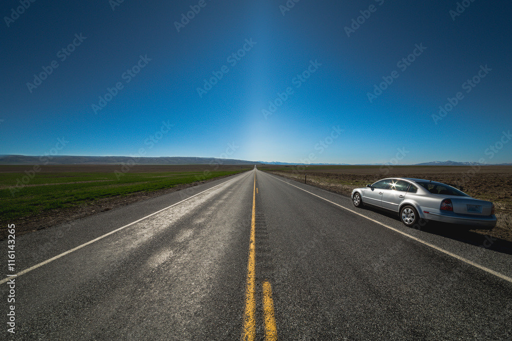 Fototapeta premium American highway horizon, lonely road and field.