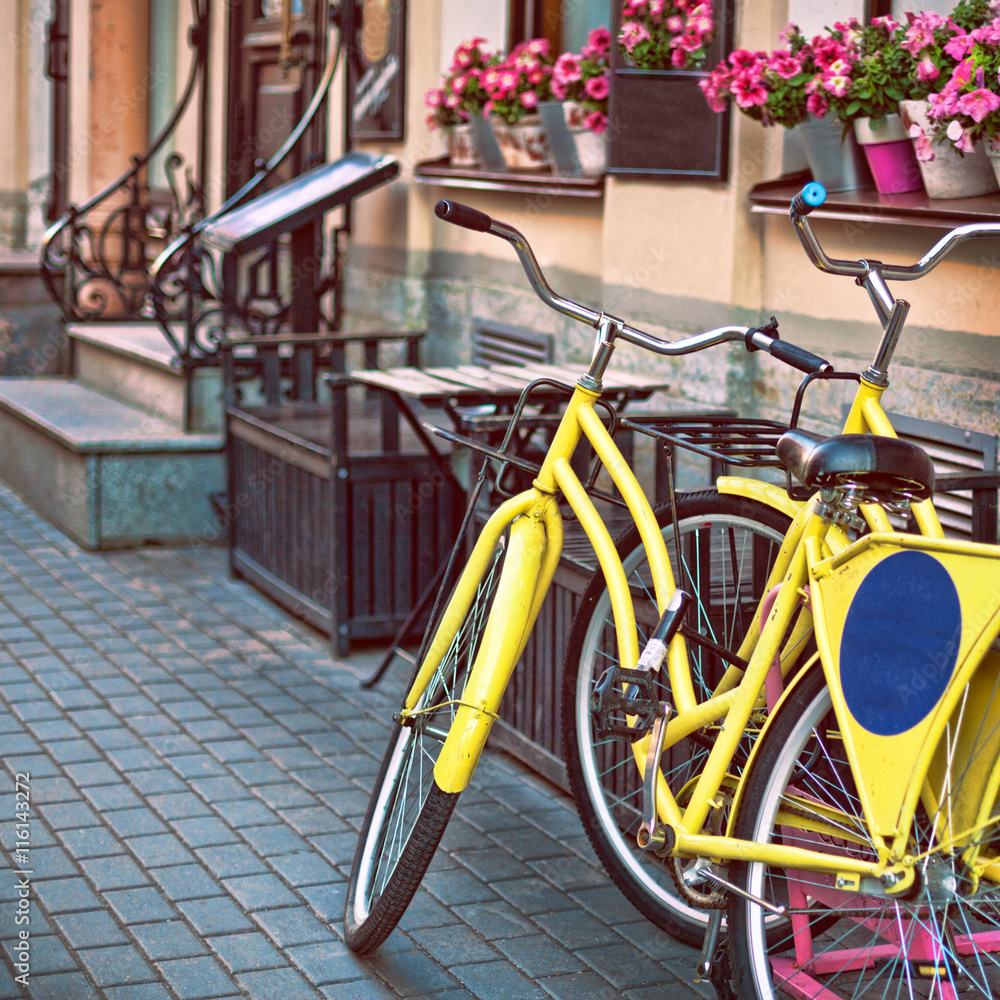 Bikes at the parking near the cafe with flowers