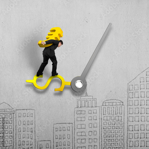 Tableau sur toile Carrying gold Euro sign balancing on money clock hand on doodles