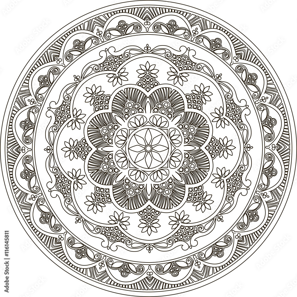 Drawing of a abstract vector with floral round lace mandala, decorative element in ethnic tribal style, black line art on a white background