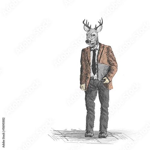 Skech of hipster deer business person on White Backgroud