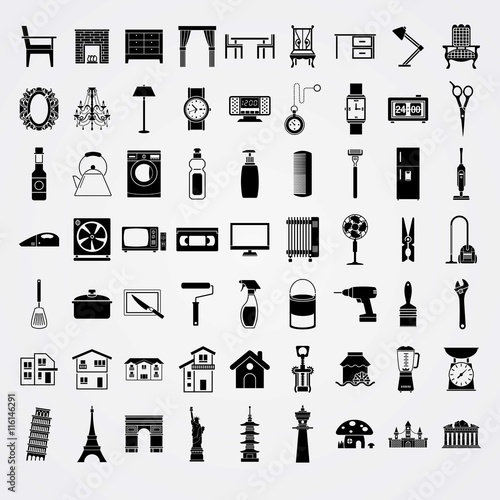 Daily life and monuments black icon set