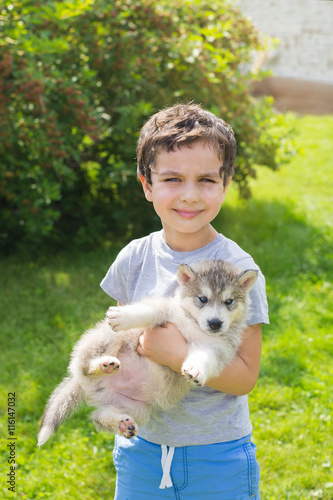Portrait of a cute little boy with a husky puppy