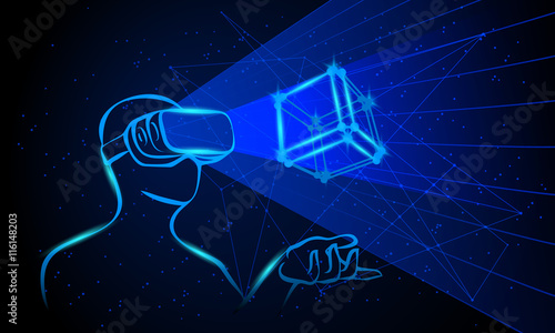 Man wearing virtual reality goggles. Man controls the 3D object by means his hands. Blue neon high-tech illustration on a black background.