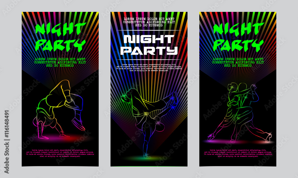 Vector neon set of flyers for the night party. Template invitation to a disco. Glowing silhouettes of people dancing.