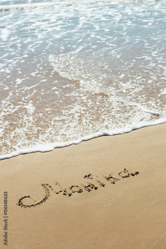 The inscription on the sand seashore. The name on the sand. Against the backdrop the sea waves. The inscription on the sand seashore. The name on the sand. Against the backdrop the sea waves.