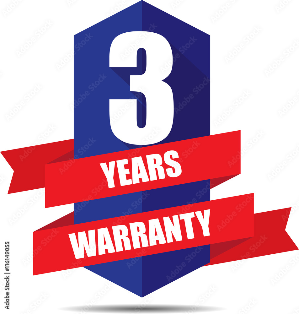 3 Year Warranty Promotional Sale Blue Sign, Seal Graphic With Red Ribbons. A Specified Period Of Time. 3 Year Warranty Promotional Sale Blue Sign, Seal Graphic With Red Ribbons. A Specified Period Of Time.