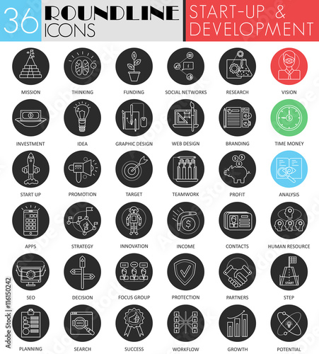 Vector start-up and development circle white black icon set. Modern line black startup icon design for web.