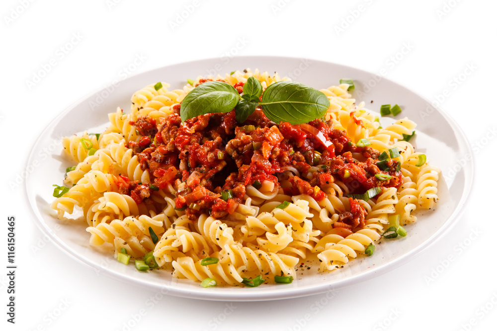 Pasta with meat, tomato sauce and vegetables Pasta with meat, tomato sauce and vegetables