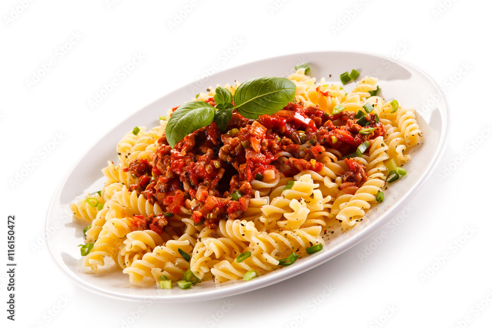 Pasta with meat, tomato sauce and vegetables Pasta with meat, tomato sauce and vegetables