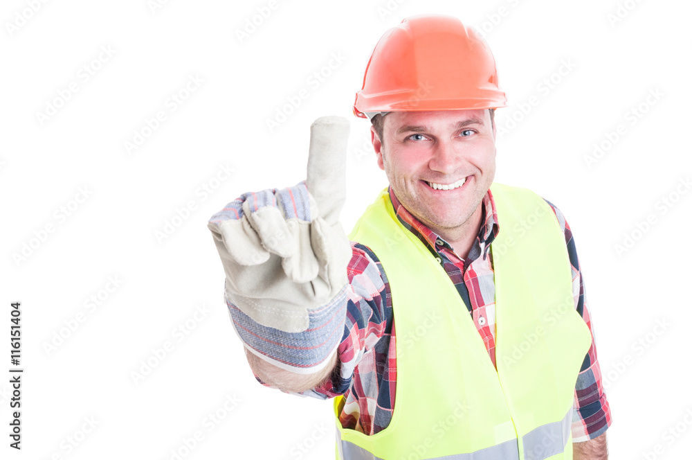 Happy constructor pointing finger or showing number one Happy constructor pointing finger or showing number one