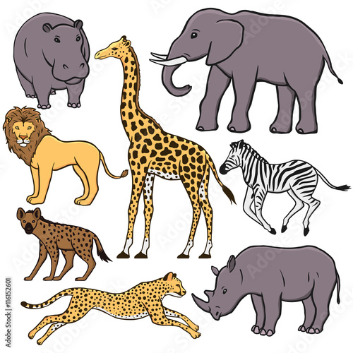 Set of African animals: hippopotamus, elephant, lion, giraffe, zebra, hyena, cheetah, rhino