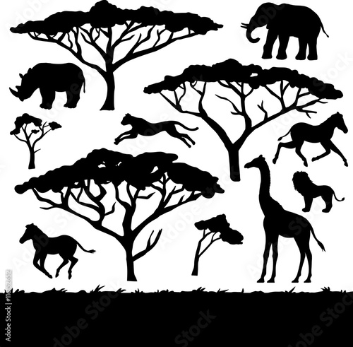 African trees and animals, set of black silhouettes