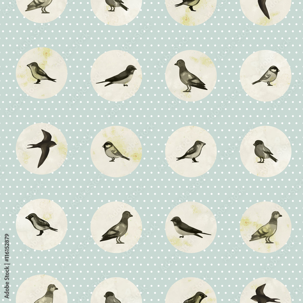Vintage seamless pattern with cute little birds. Vector seamless texture for wallpapers, pattern fills, web page backgrounds
