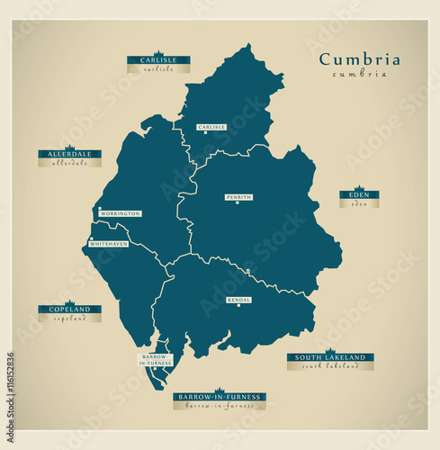 Modern Map - Cumbria county with districts detailed UK