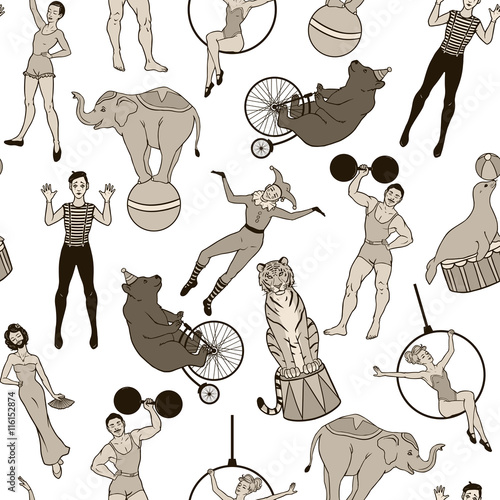Seamless pattern vintage circus theme, performers and animals