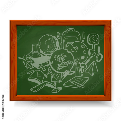 Back to school illustration, various school elements drawn in chalk on green blackboard
