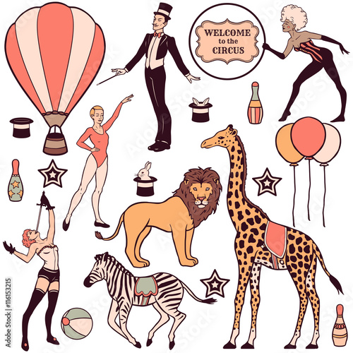 Set of various circus elements, people, animals and decorations