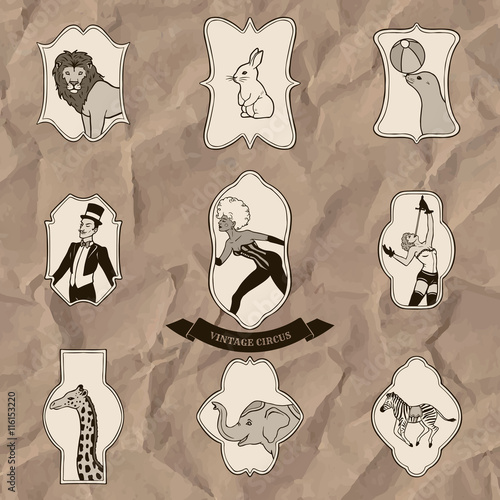 Set of vintage circus characters in decorative frames, sepia