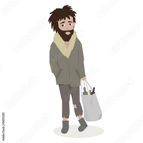 Homeless. Bearded Man in dirty rags. Vector Illustration.