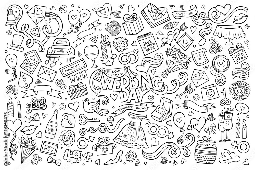 Wedding and love doodles sketchy vector symbols