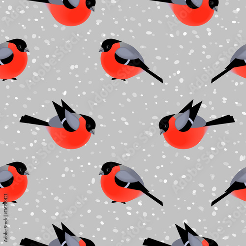 Seamless pattern with cute bullfinches in winter. Vector seamless texture for wallpapers, pattern fills, web page backgrounds