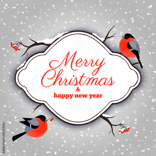 Christmas card with cute bullfinches and rowanberries