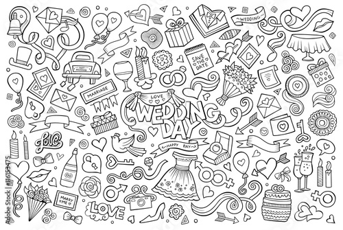 Fototapeta Naklejka Na Ścianę i Meble -  Wedding and love doodles sketchy vector symbols