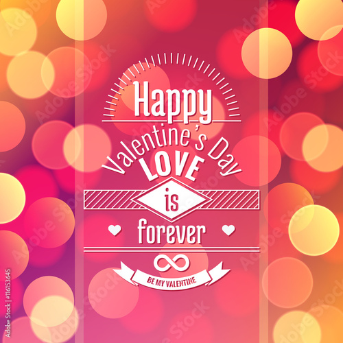 Valentine's day card design on vector abstract background with blurred defocused colorful bokeh lights