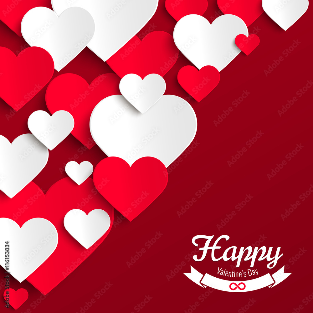 Valentine vector illustration, red and white paper hearts on red background, greeting card