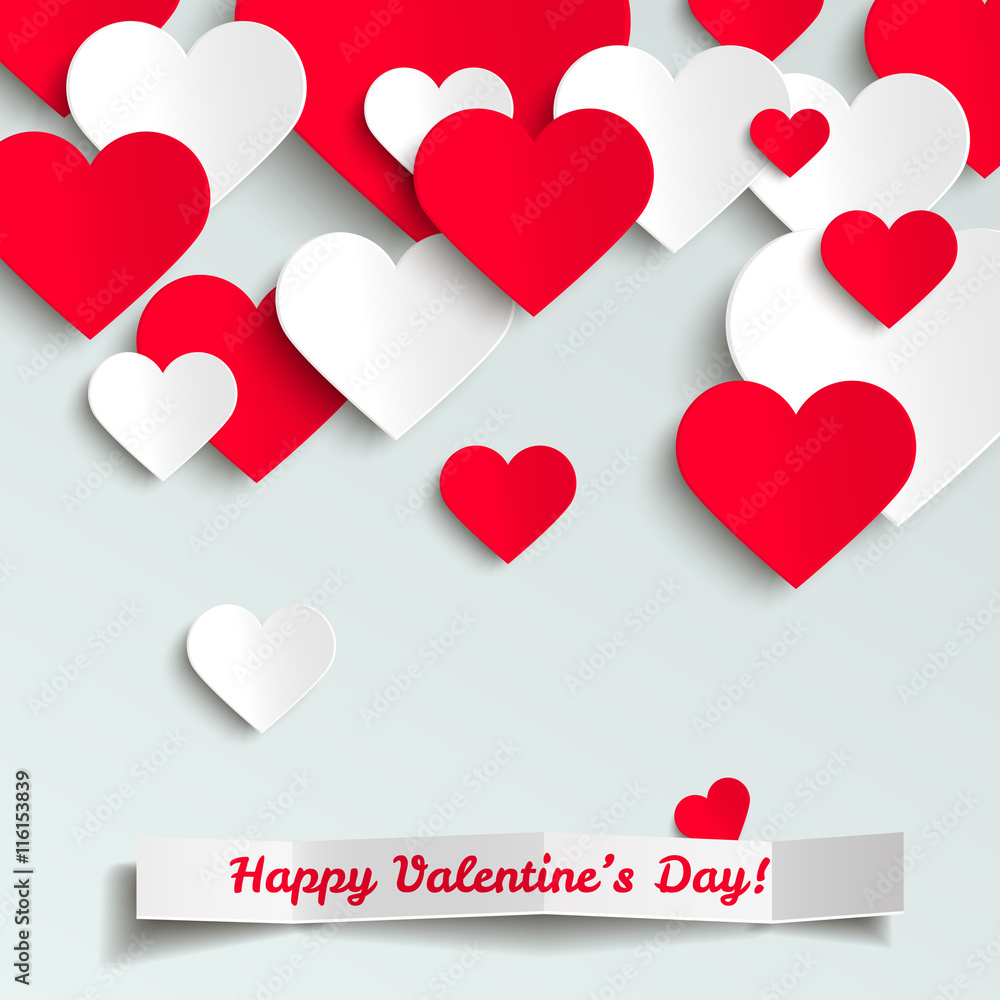 Valentine vector illustration, red and white paper hearts on white background, greeting card