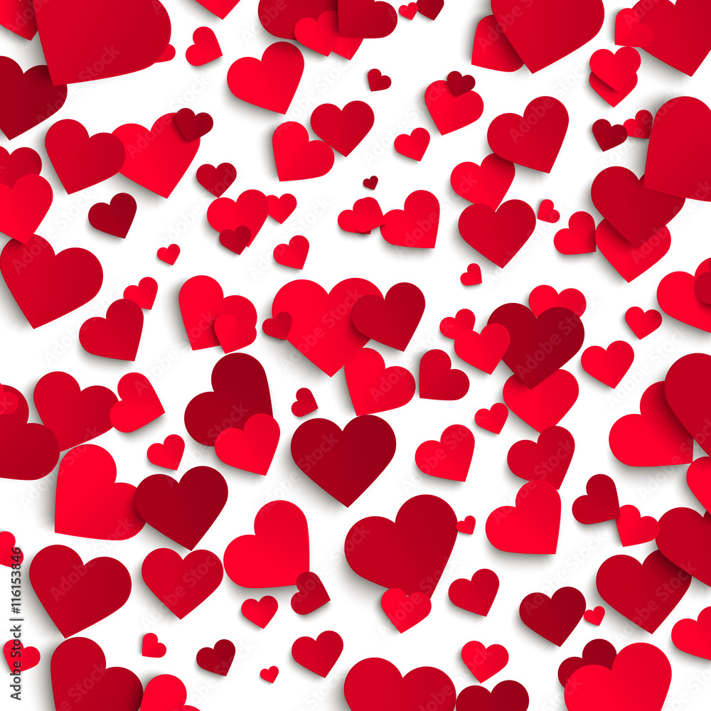 Valentine's day vector background template, red paper hearts on white background