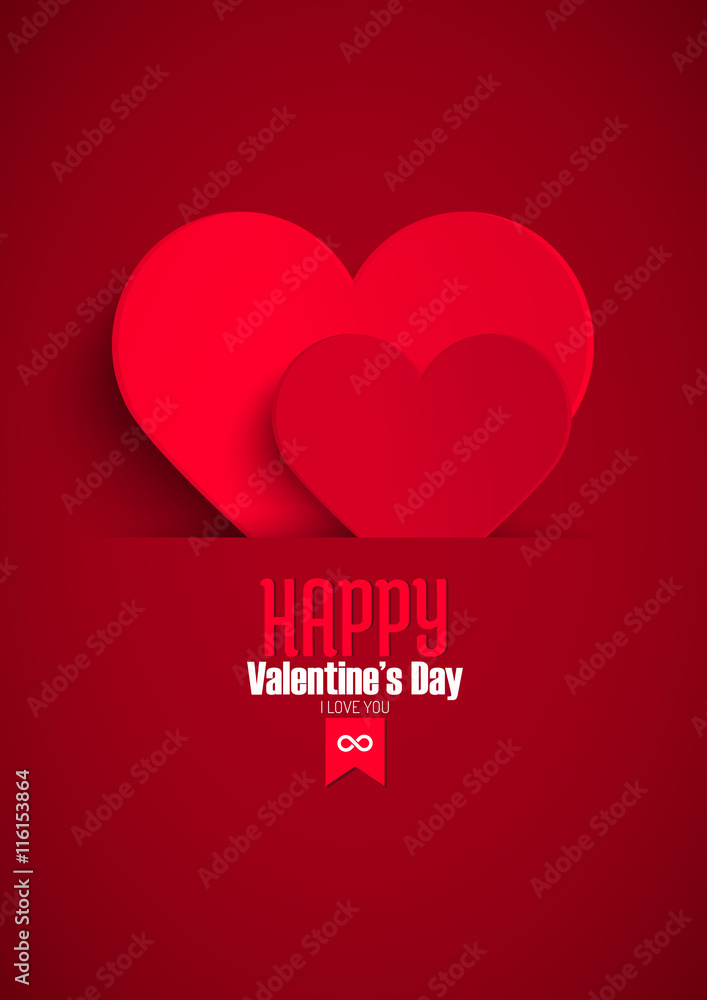 Valentine's day greeting card with red paper heart, vector illustration